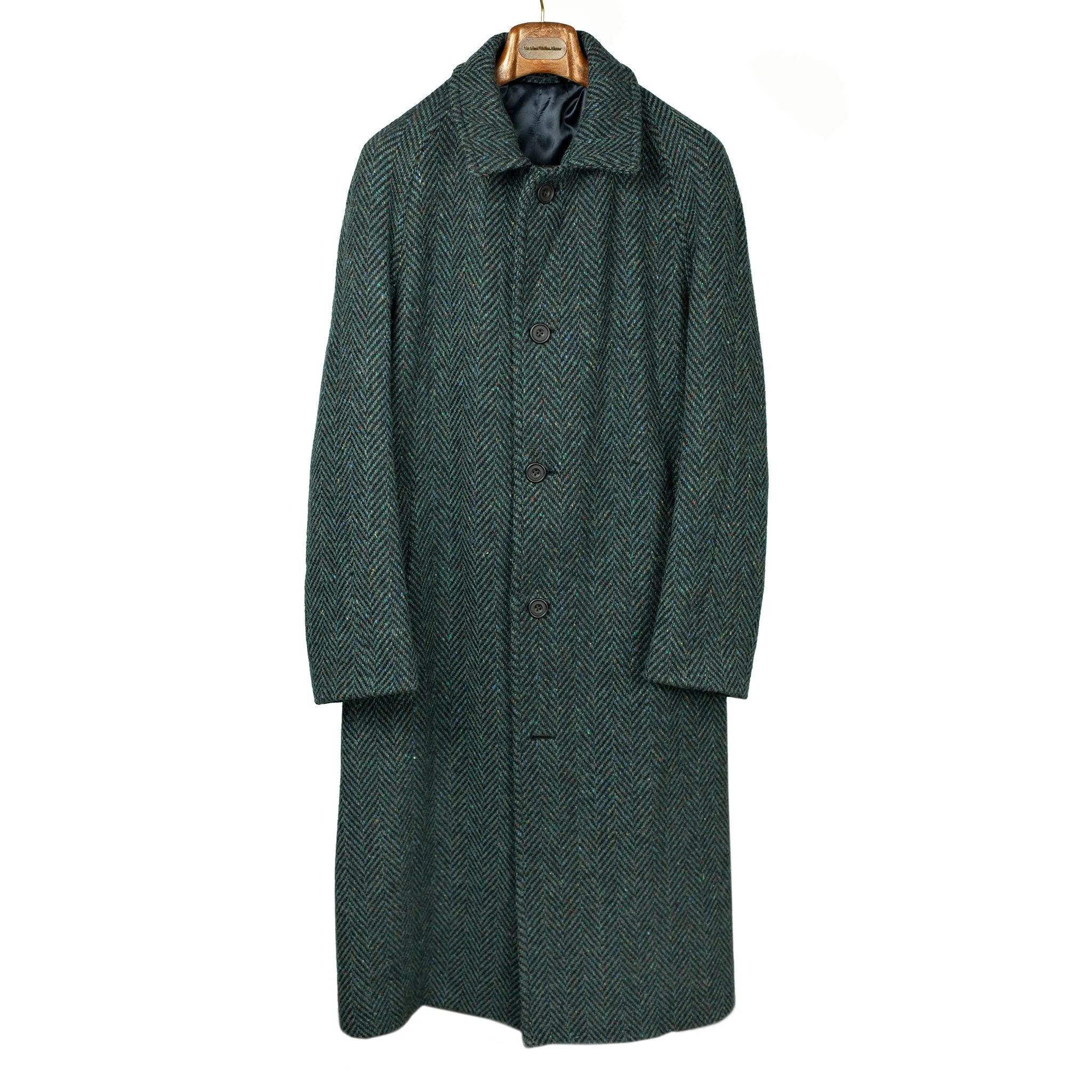 Belted balmacaan coat in handloomed Donegal blue-green herringbone tweed