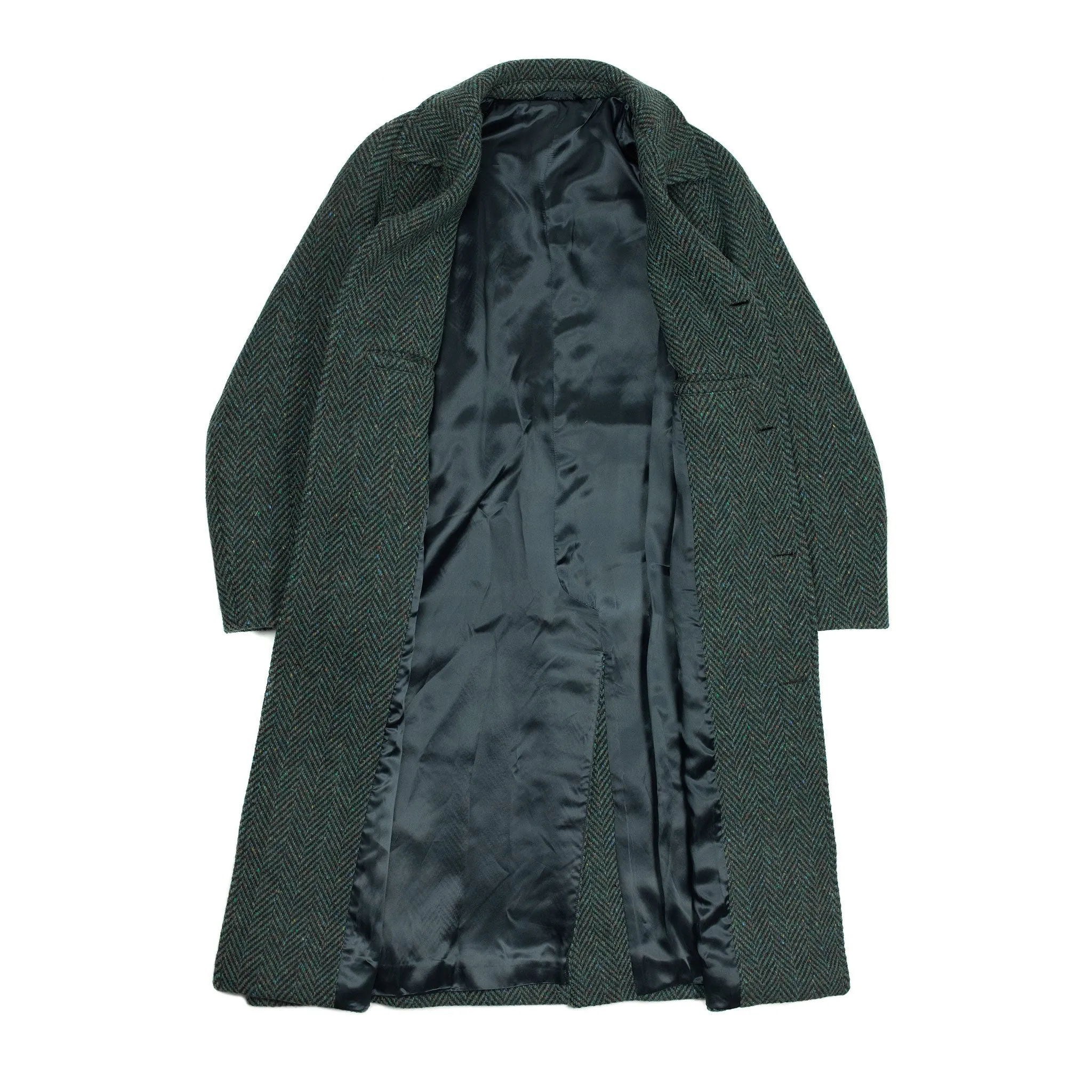 Belted balmacaan coat in handloomed Donegal blue-green herringbone tweed