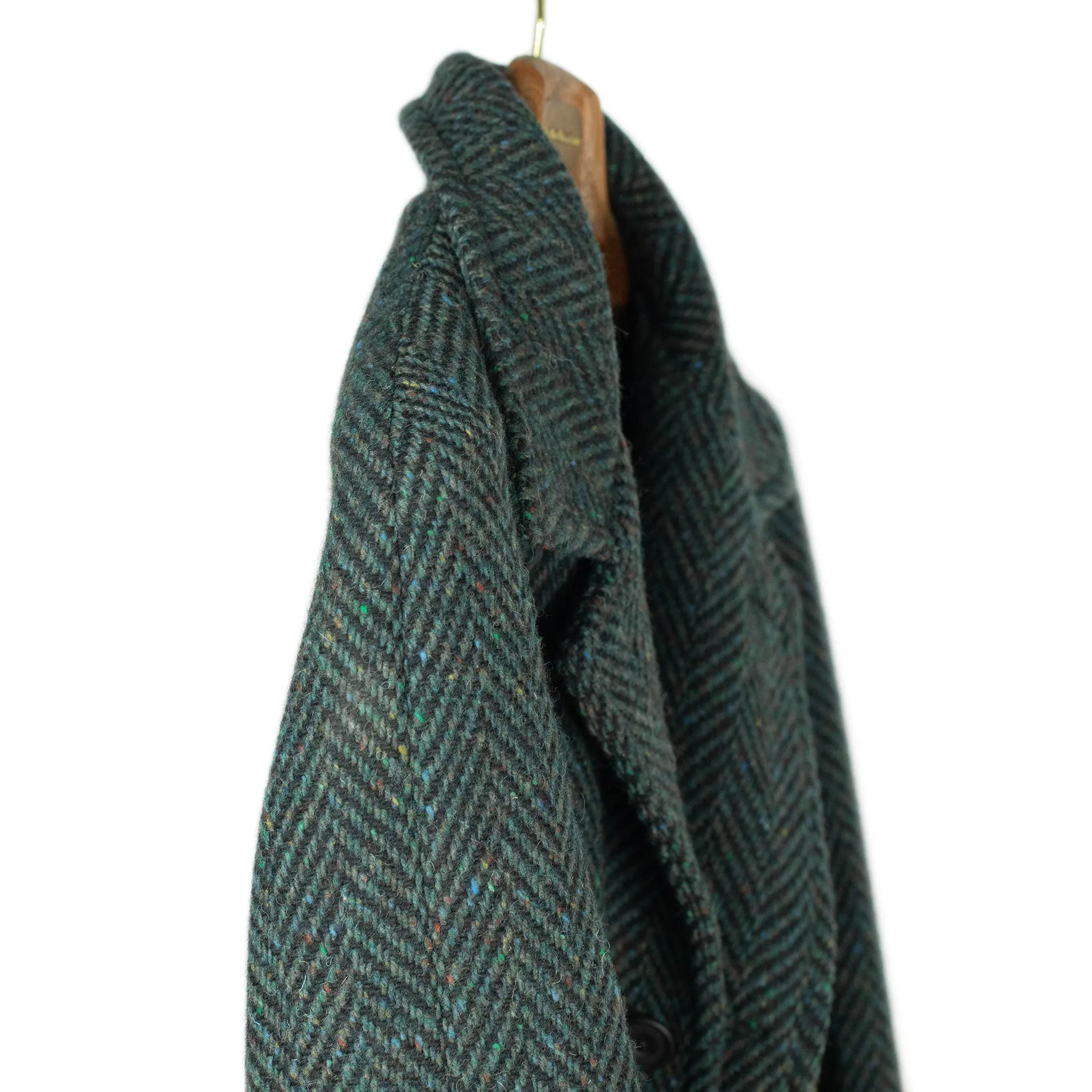 Belted balmacaan coat in handloomed Donegal blue-green herringbone tweed