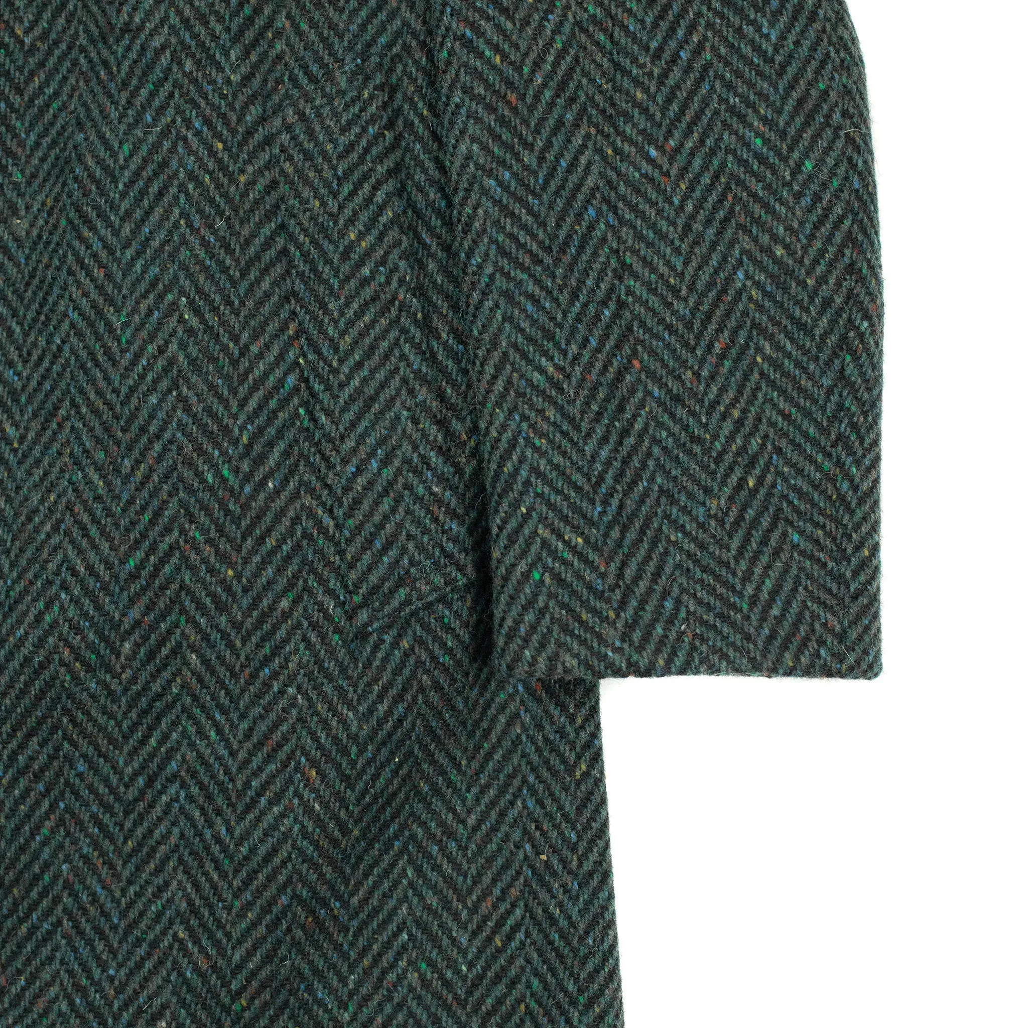 Belted balmacaan coat in handloomed Donegal blue-green herringbone tweed