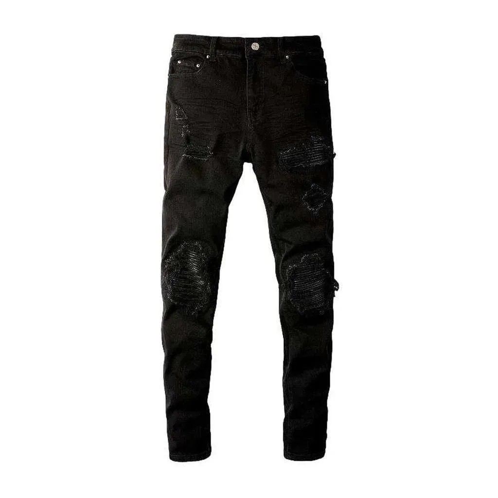 Black leather patch biker jeans