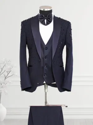 Black Rhinestone Decorated Blue 3 piece Tuxedo