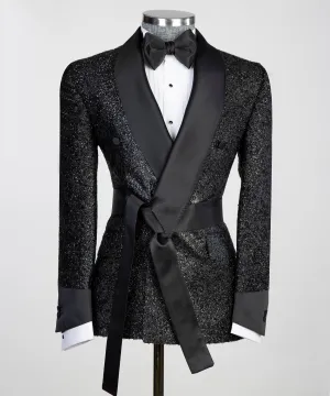 Black Shiny Belted Tuxedo for Party