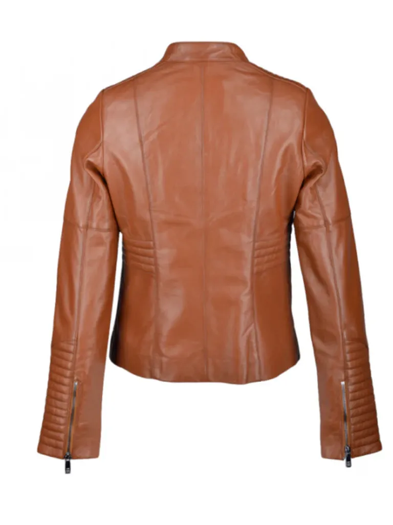 Brown Quilted Cafe Racer Biker Leather Jacket