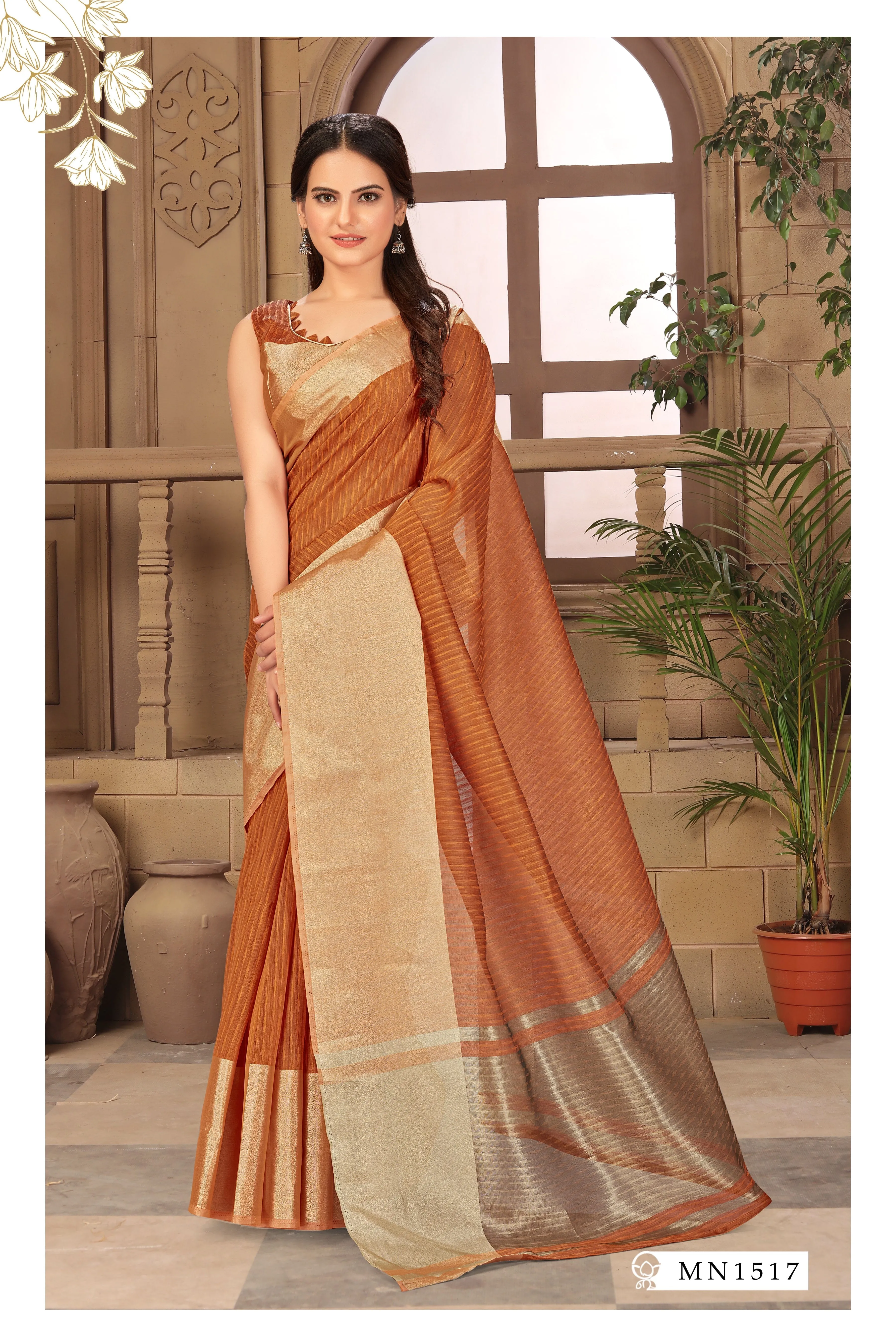 Brown Silk  Saree zari border with  Brown Blouse