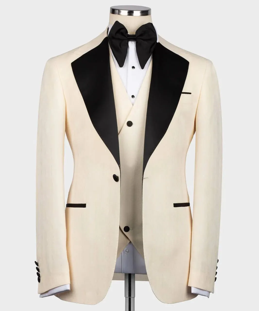 Cream Beige Tuxedo with Black Lapel