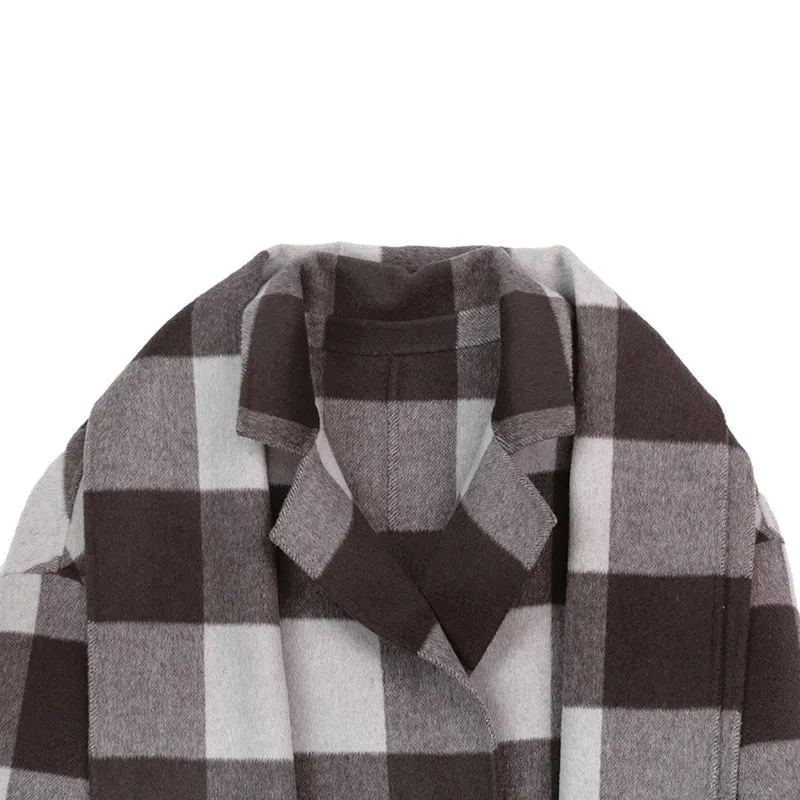 Dark Brown Grid Pattern Long Wool Coats with Scarf