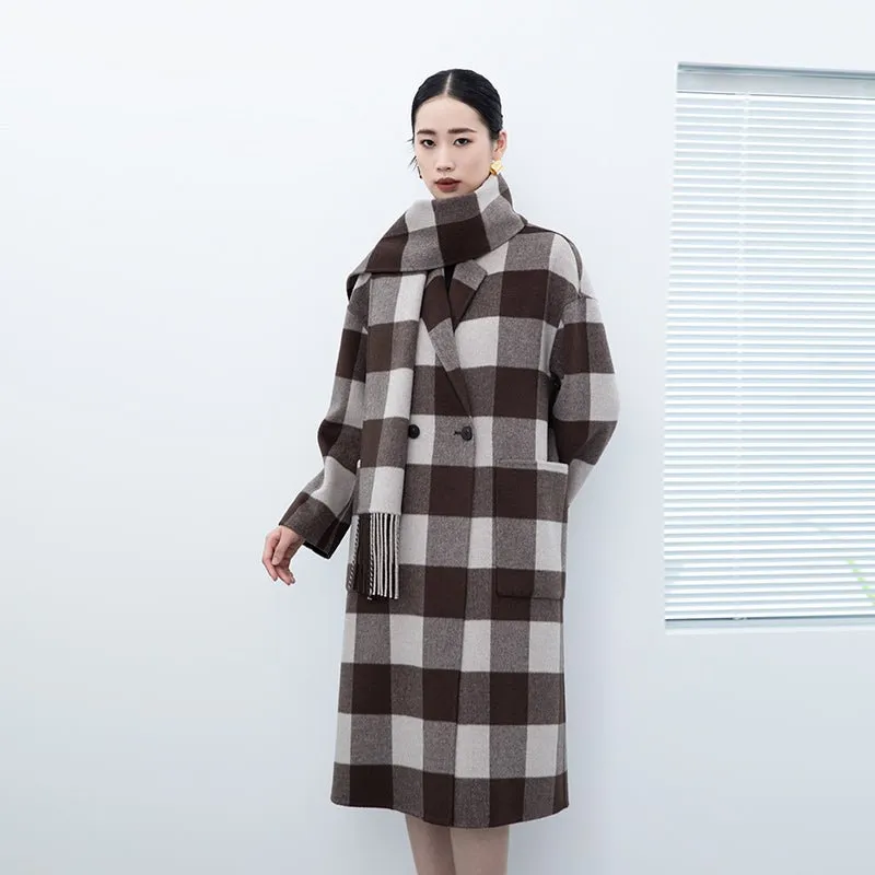 Dark Brown Grid Pattern Long Wool Coats with Scarf