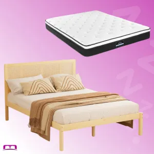 Double Package | Rita Rattan Wooden Bed Frame Pine & Bonita Pillow Top Mattress (Medium Firm)