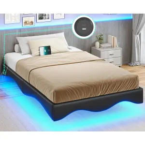 Floating double bed frame with charging station and LED light, leather wave-shaped structure stable without spring