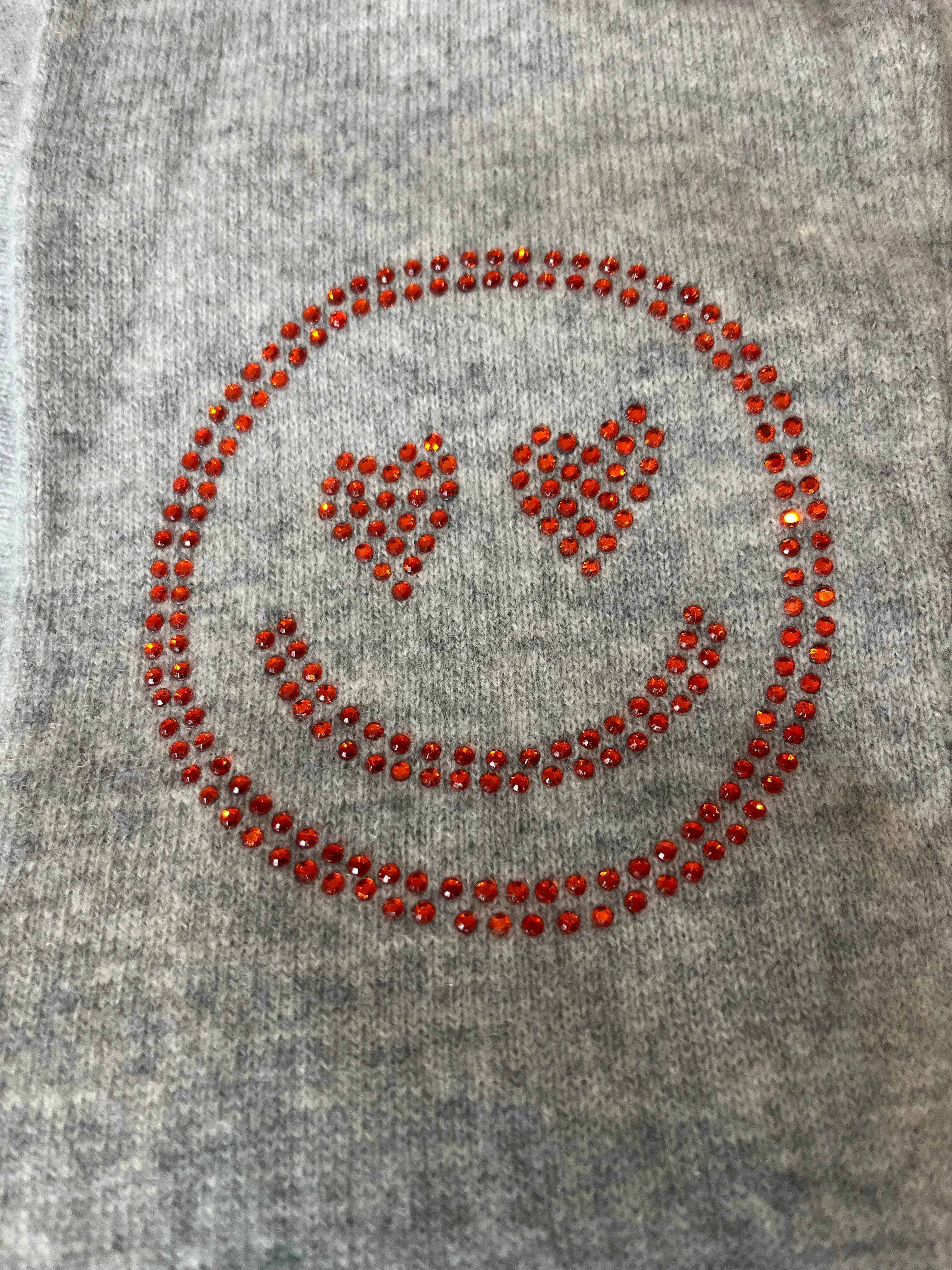 Grey boxy crew neck with orange diamante smiley face elbow patches