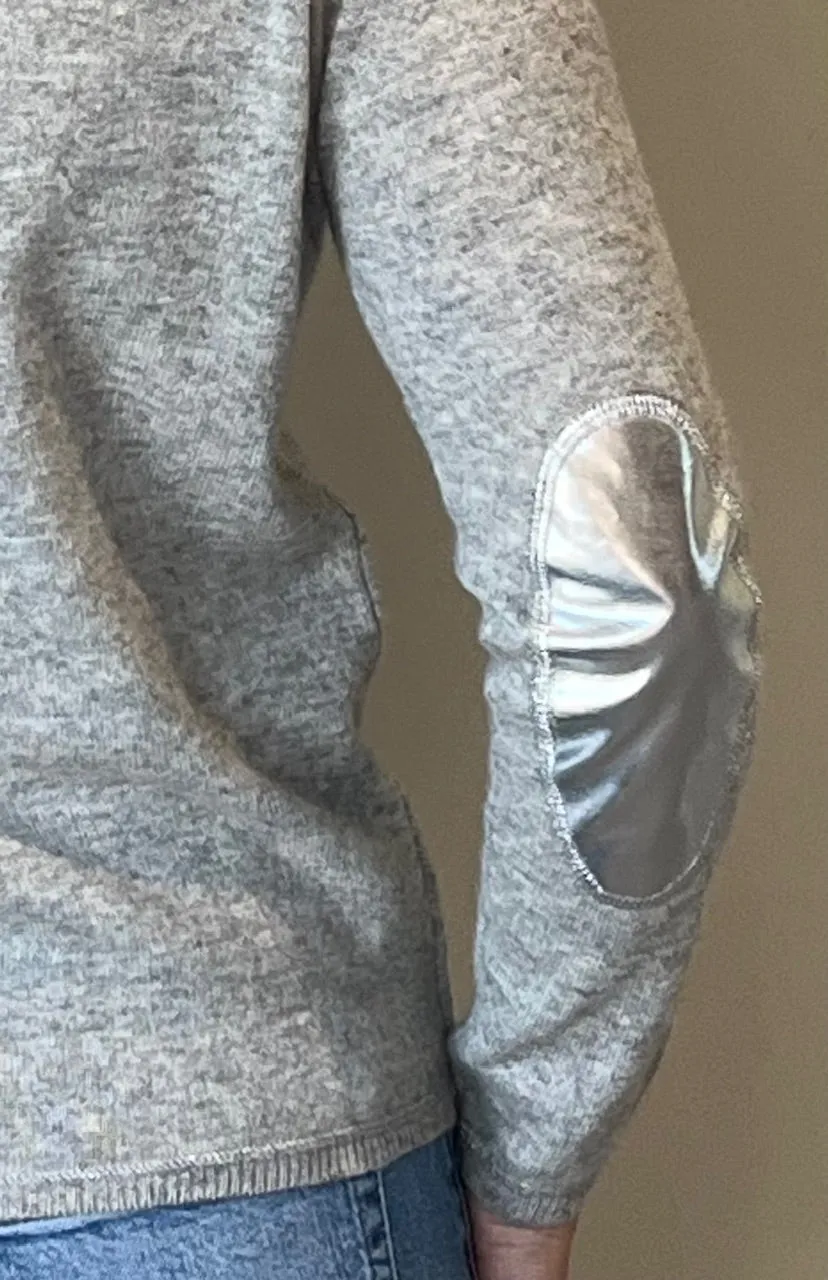 Grey boxy crew neck with silver faux leather elbow patches