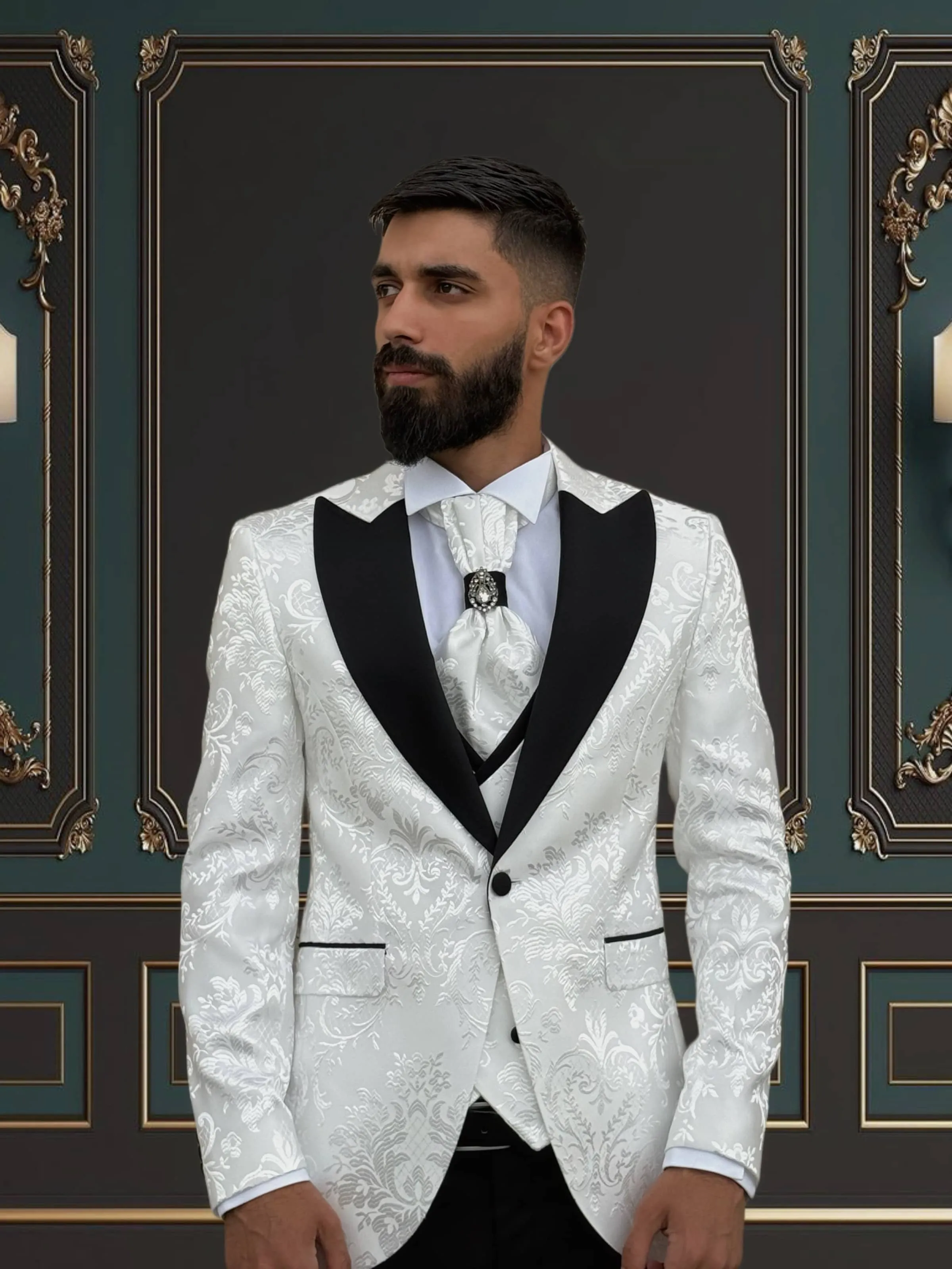 Men's White Floral Design Tuxedo with Black Peak Lapel | Elegant Formal Wear