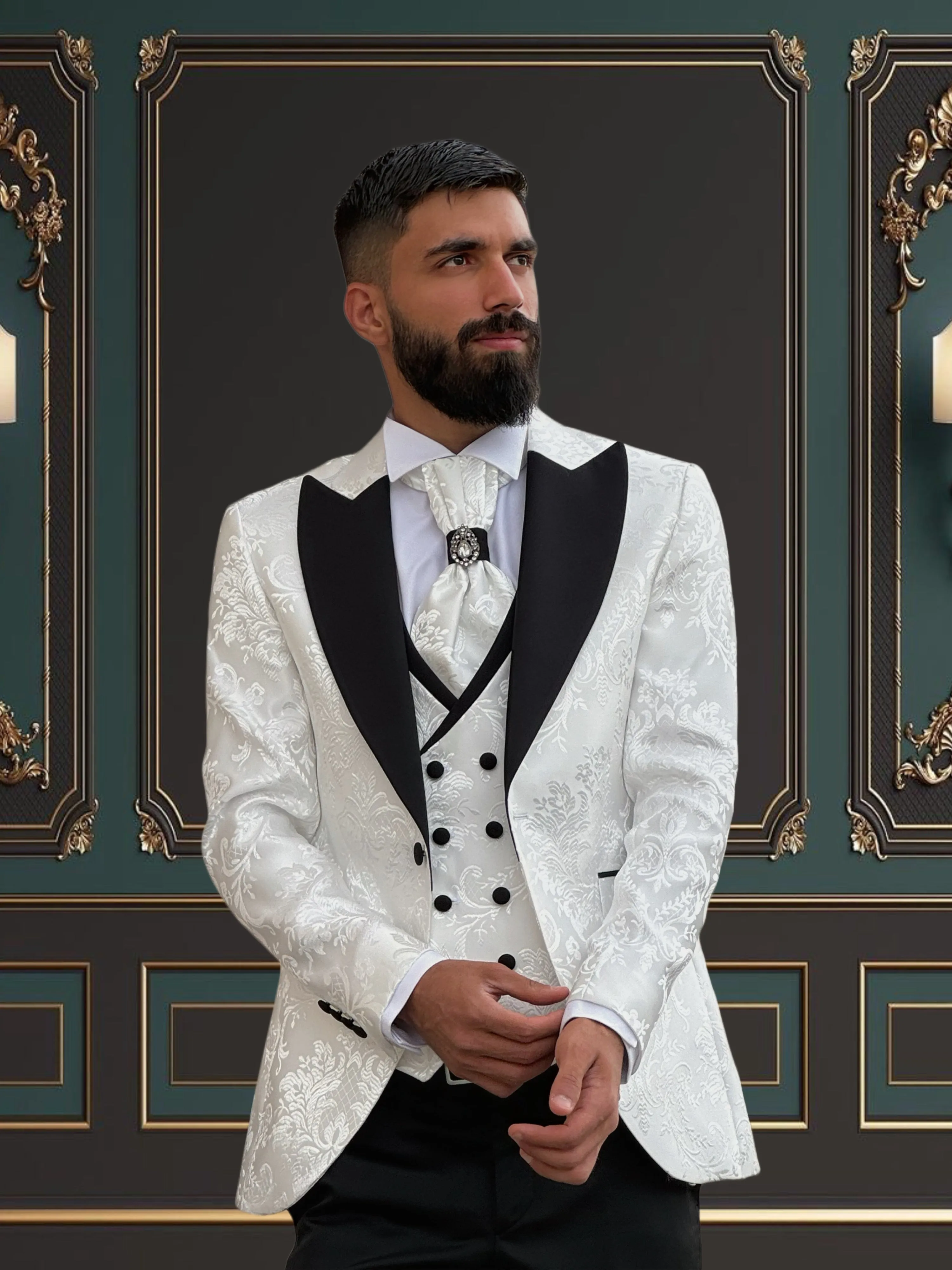 Men's White Floral Design Tuxedo with Black Peak Lapel | Elegant Formal Wear