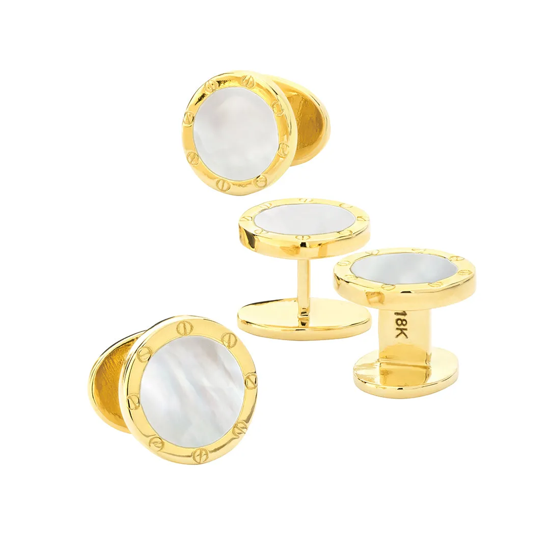 Mother of Pearl Rivet Etchl 18KT Gold Tuxedo Studs