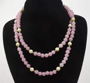 Pink Glass, Faux Pearl and Brass Bead Necklace - 36"