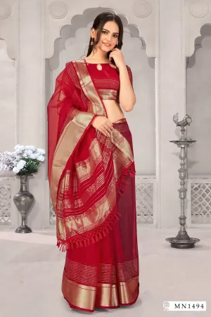 Red Silk Saree Gold Zari With Red Blouse