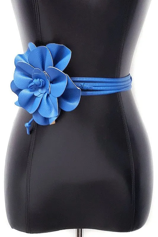 Royal Blue Faux Leather Flower Tie Belt