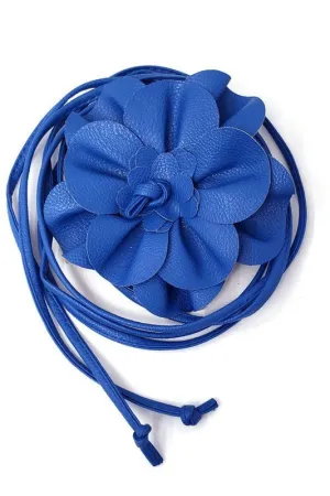 Royal Blue Faux Leather Flower Tie Belt