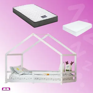 Single Package | Amos House Shaped Wooden Floor Bed Frame White, Alzbeta Mattress (Medium firm) & Waterproof Bamboo Mattress Protector