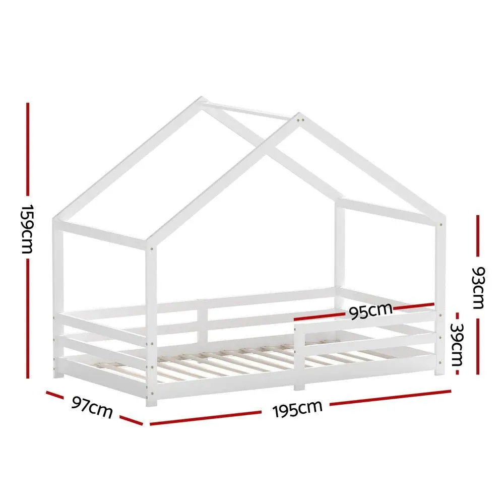 Single Package | Amos House Shaped Wooden Floor Bed Frame White, Alzbeta Mattress (Medium firm) & Waterproof Bamboo Mattress Protector