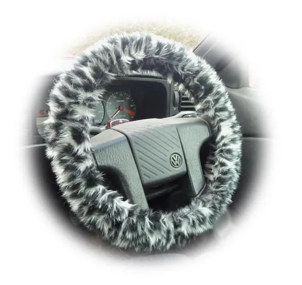 Snow Leopard fuzzy Steering wheel cover & matching faux fur seatbelt pad set