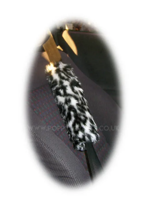 Snow Leopard fuzzy Steering wheel cover & matching faux fur seatbelt pad set