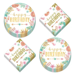 Wild One Birthday Girl Boho Floral Pink and Metallic Gold Paper Dessert Plates and Napkins (Serves 16)